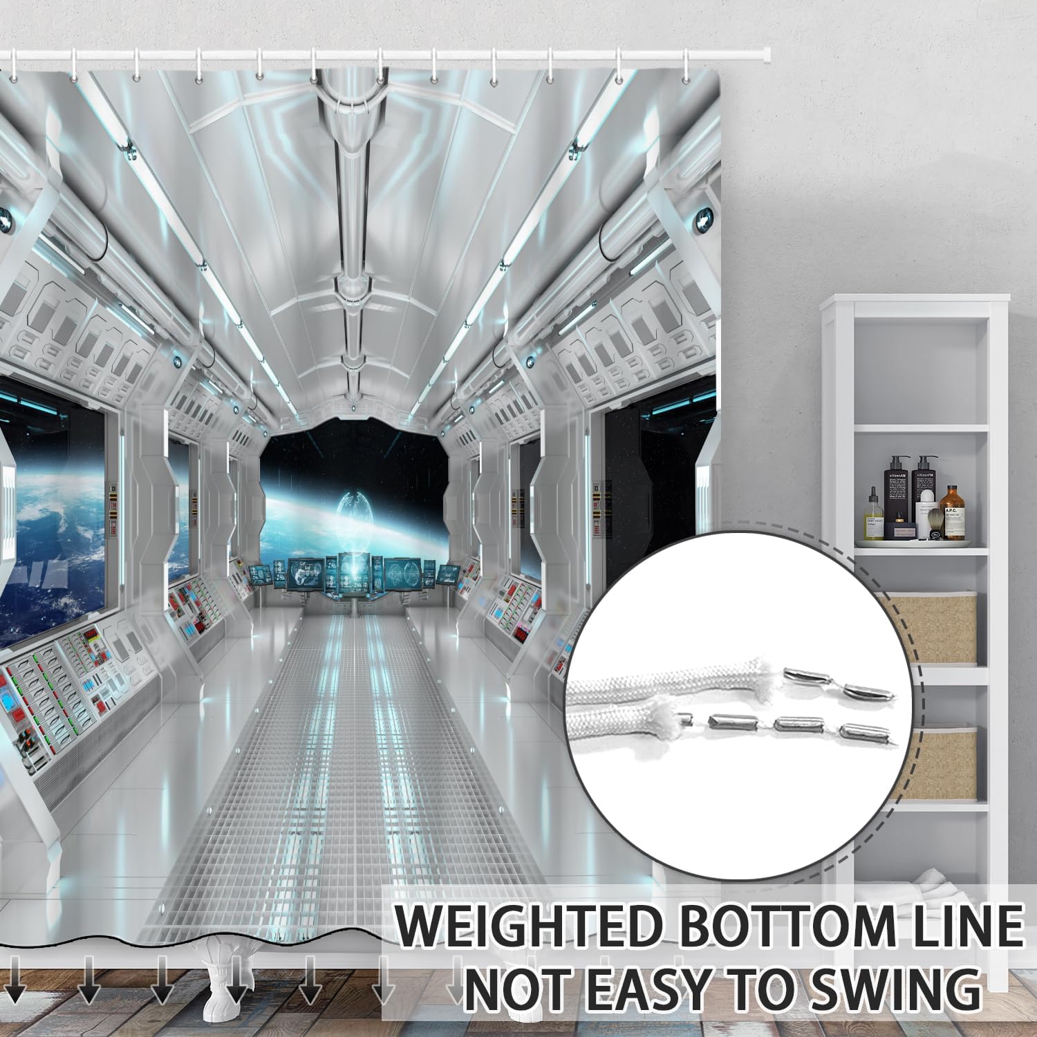 Cortinas de ducha de nave espacial blanca para decoración de baño, 72 pulgadas de ancho x 72 pulgadas de alto, juego de cortinas de ducha con