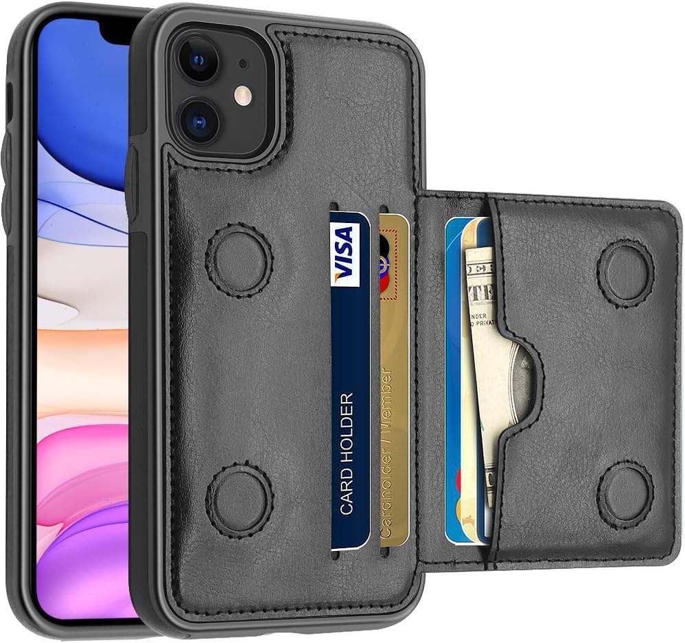 LakiBeibi Funda para iPhone 11 con tarjeteros, doble capa, ligera, delgada, de piel, tipo cartera, con tapa y cierre magnético, funda protectora