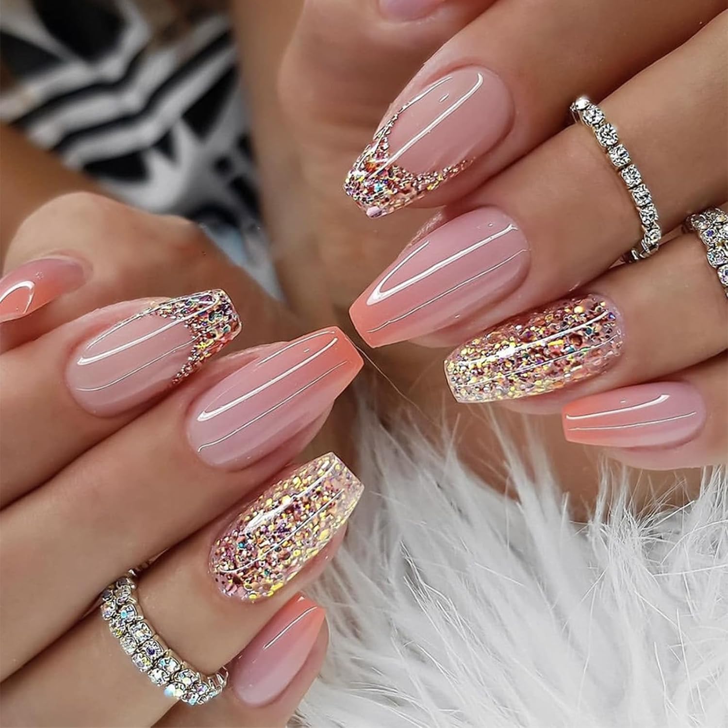 Uñas postizas de punta francesa a presión, uñas postizas medianas con pegamento color naranja degradado, uñas acrílicas de cobertura completa con