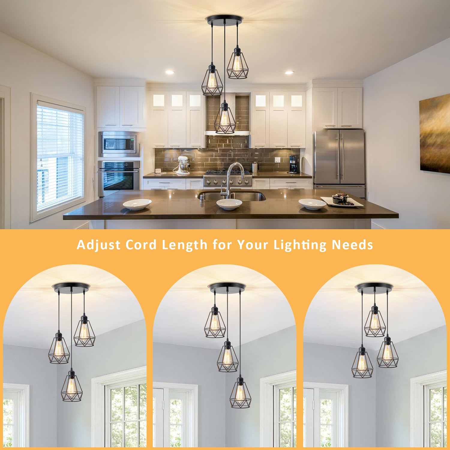 YXTH Lámpara colgante de 3 luces, iluminación colgante colgante de granja, lámpara colgante de isla de cocina industrial ajustable, lámpara de techo