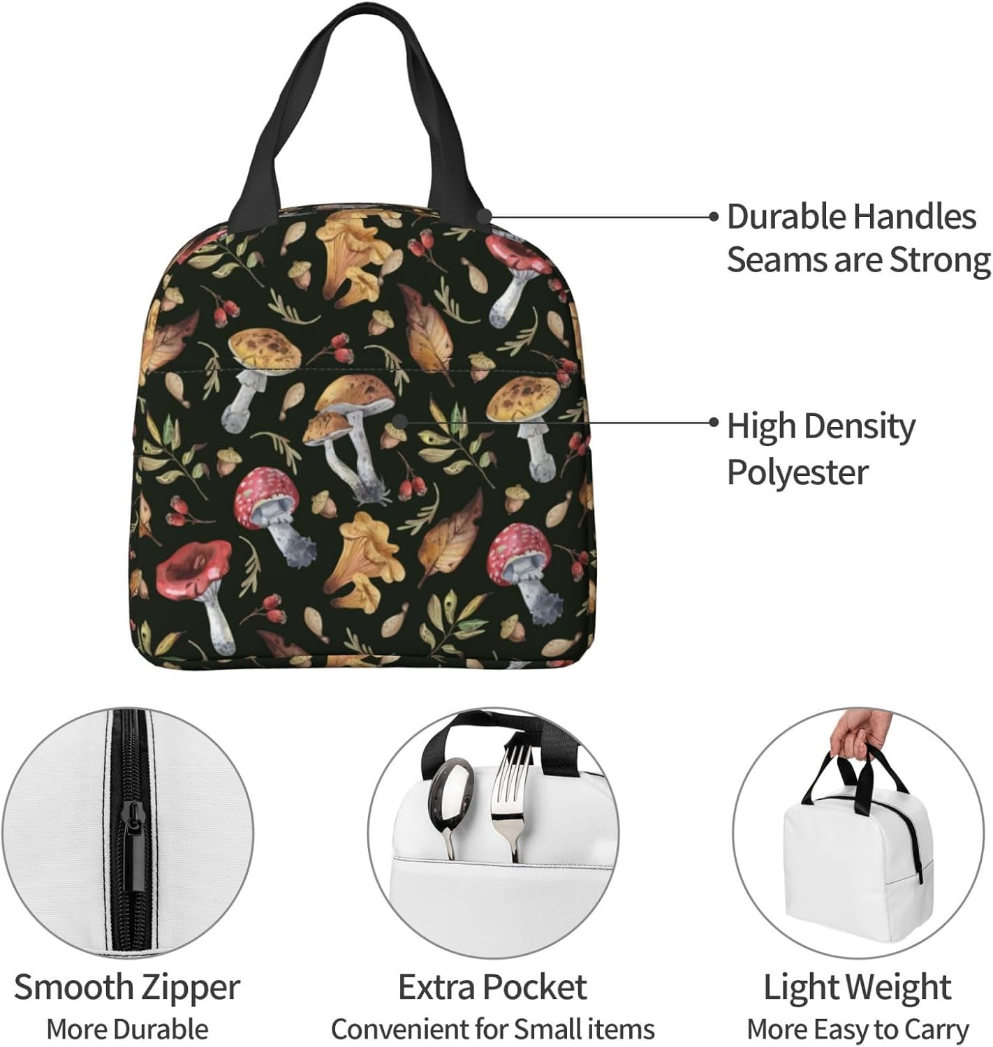 Lonchera aislada para acuarela, hojas de otoño, setas, lonchera, resistente, espaciosa, para adultos, para aprovechar tu día, impermeable, para