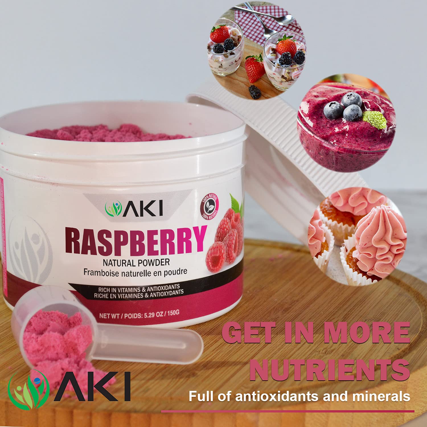 AKI – Polvo de frambuesa seca sin azúcar, ideal para hornear, saborizar, batidos, paletas, yogur, recetas con frambuesas (5.29 onzas5.29 oz)
