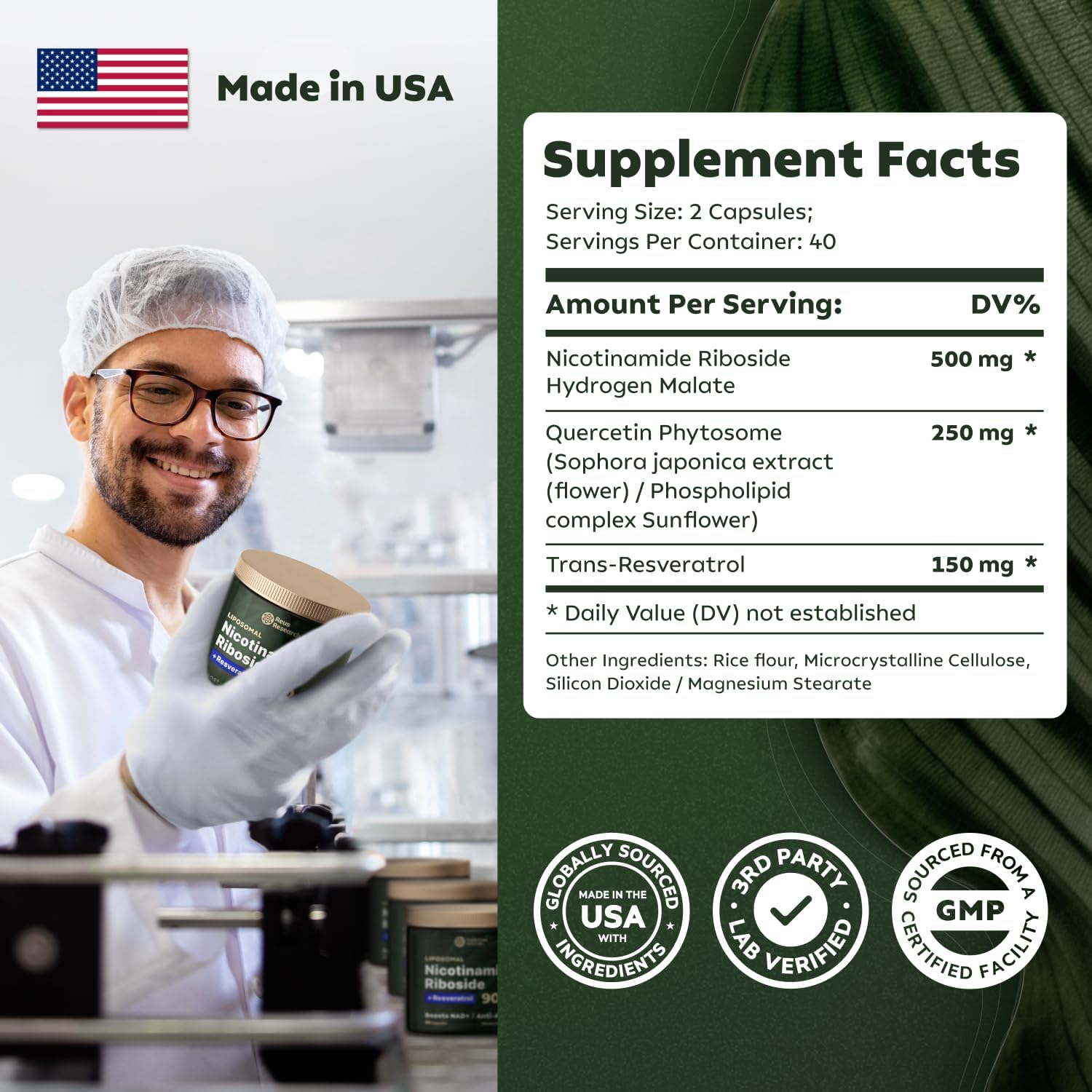 Reus Research NMN Suplemento alternativo  Ribosida liposomal de nicotinamida, resveratrol, quercetina por Reus Research  Suplemento NAD de alta