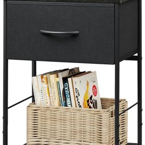 WLIVE Mesita de noche, mesa auxiliar con cajón de almacenamiento de tela y estante de madera abierto, muebles de noche con marco de acero, mesa WLIVE Mesita de noche, mesa auxiliar con cajón de almacenamiento de tela y estante de madera abierto, muebles de noche con marco de acero, mesa