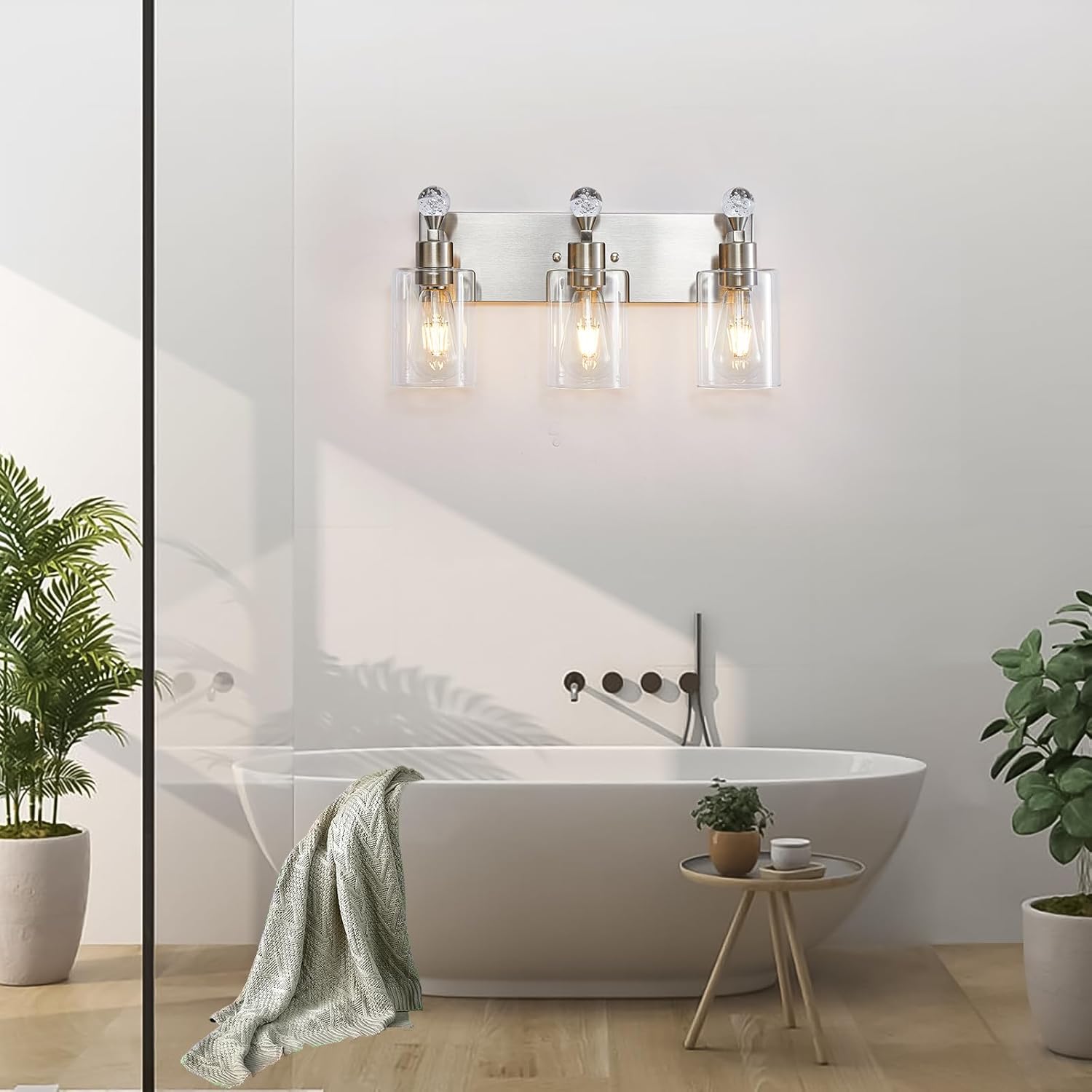 Lámparas de baño de 3 luces, lámpara de tocador de baño de níquel cepillado, accesorios de iluminación de tocador con pantalla de vidrio resistente,