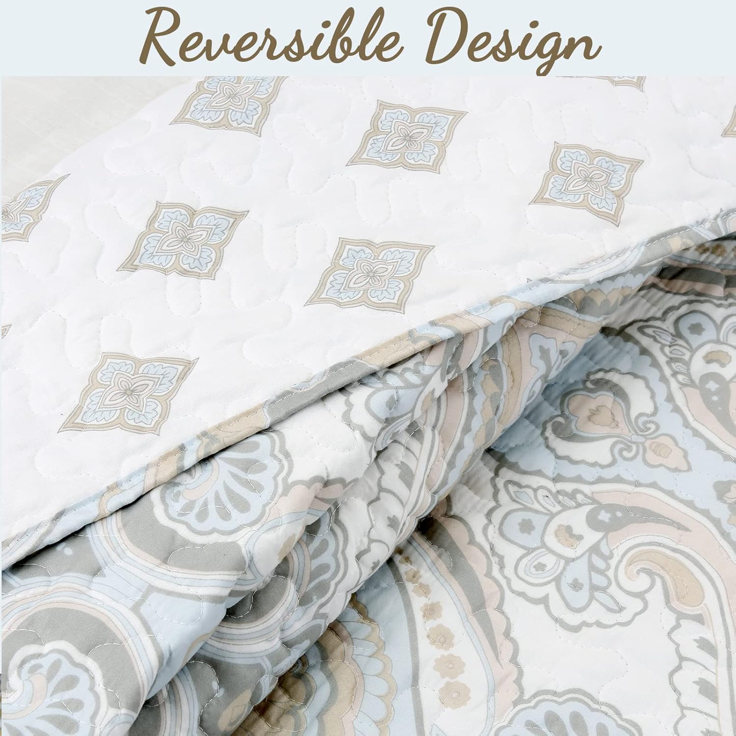 Cozy Line Home Fashions Juego de ropa de cama reversible de microfibra azul cielo, color gris tostado, colcha (medallón moderno, tamaño Queen, 3