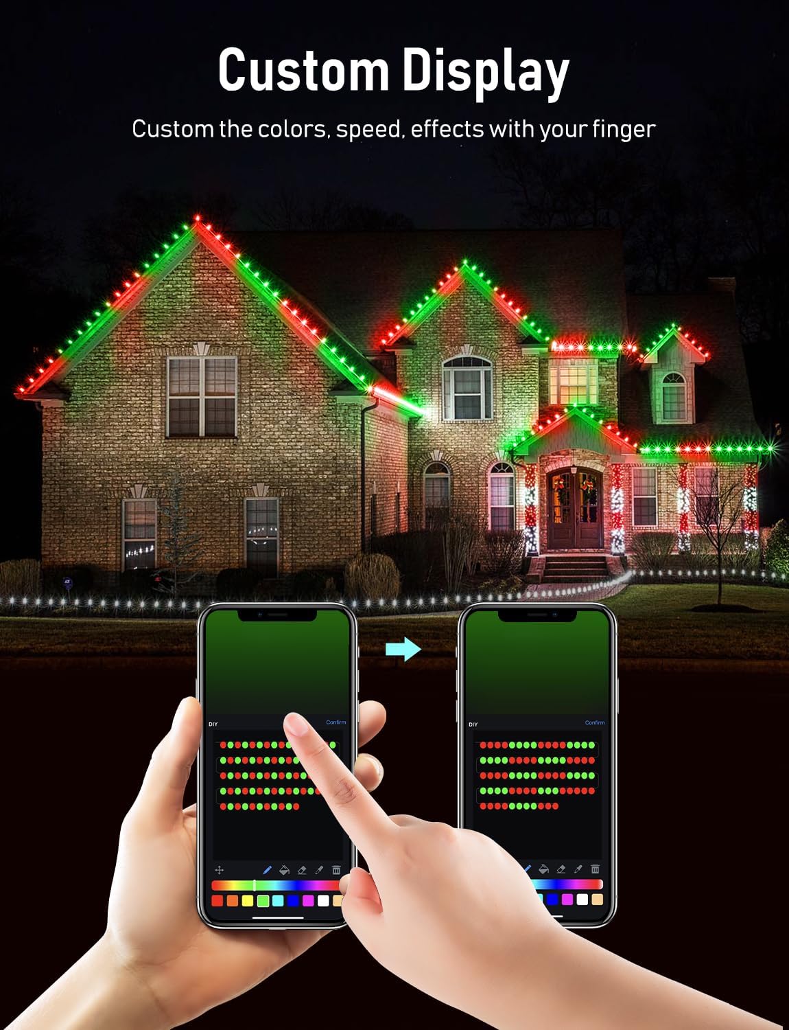 Luces de Navidad C9, pantalla personalizada, 32.8 pies, 50 LED, controlada por aplicación, cambio de color, control de grupo, luces al aire libre,