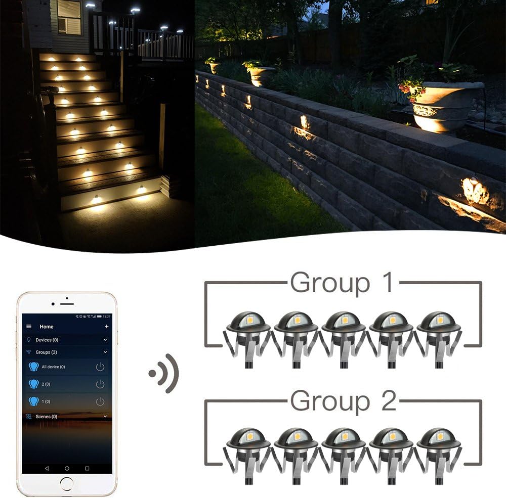 FVTLED Kit de luces WiFi para cubierta, 10 piezas de bajo voltaje 1.38 para exteriores, escalera, iluminación LED blanca cálida, funciona con Alexa