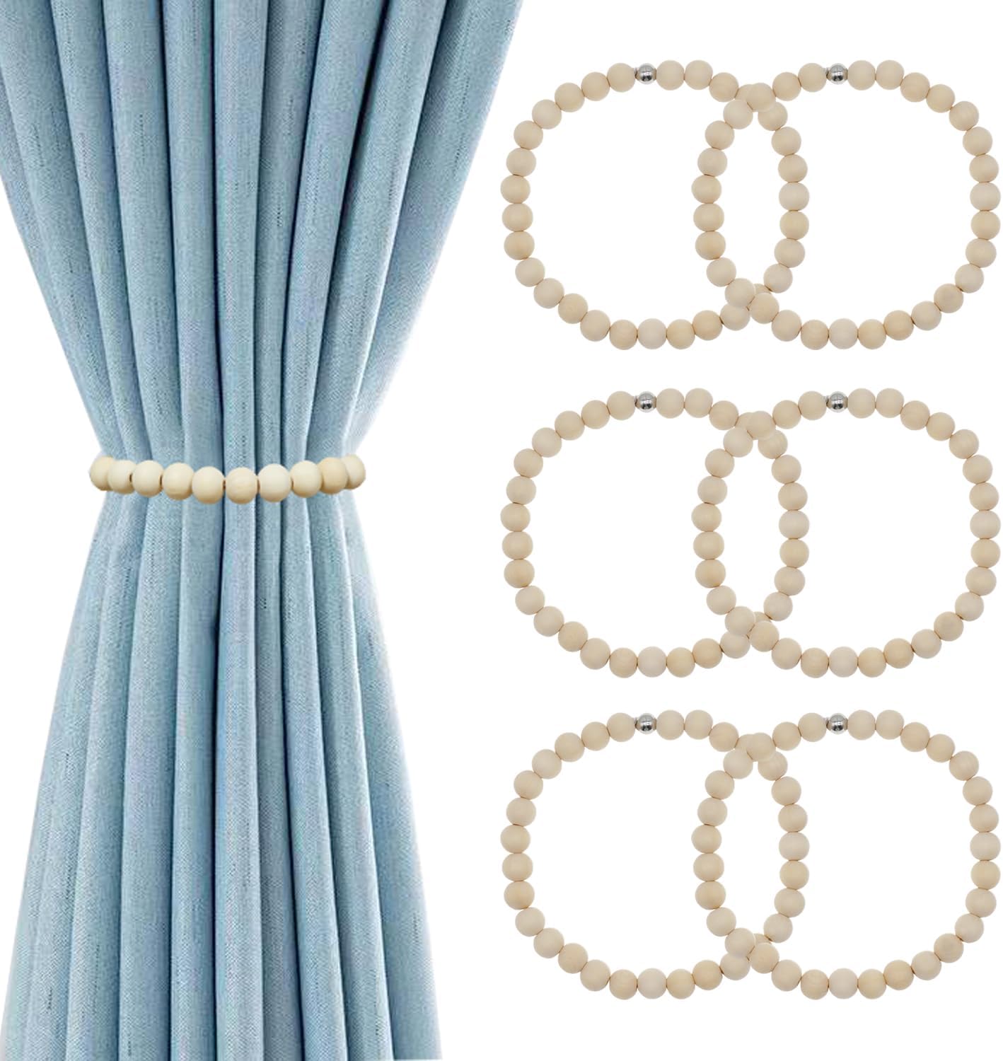 HIASTRA Abrazaderas magnéticas para cortinas con cuentas de madera, soporte de cortina decorativo bohemio, para exteriores, cortinas naturales para