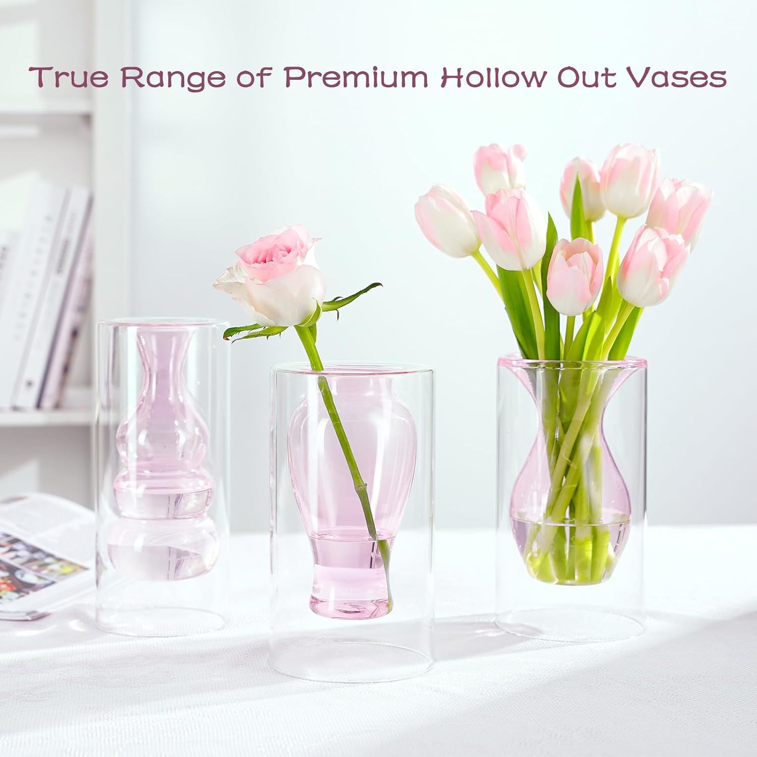 ZENS Juego de 3 jarrones de cristal rosa, modernos jarrones de vidrio transparente ahuecados a mano para decoración del hogar, centros de mesa de