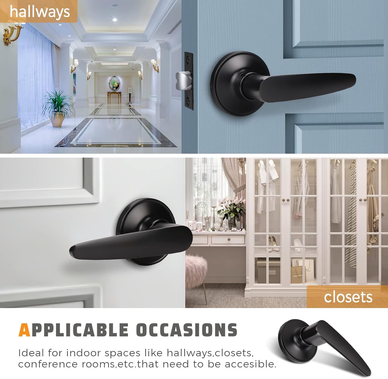 KNOBWELL Paquete de 10 manijas modernas para puerta interior color negro mate, pomo de puerta de armario con palancas rectas (sin pestillo, sin