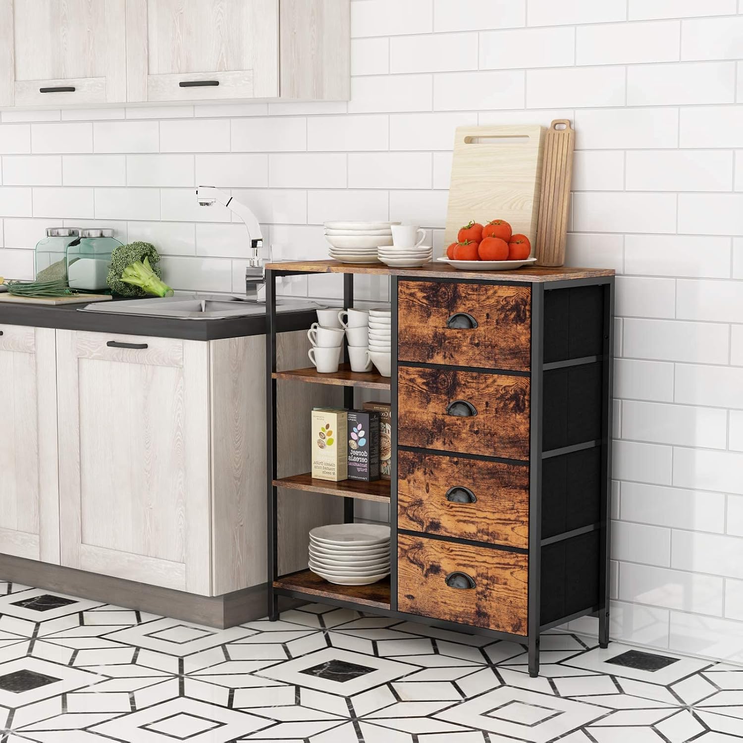 Furologee Cómoda de tela con 4 cajones y estante lateral, organizador industrial ligero para entrada, dormitorio, mesita de noche, oficina, cocina