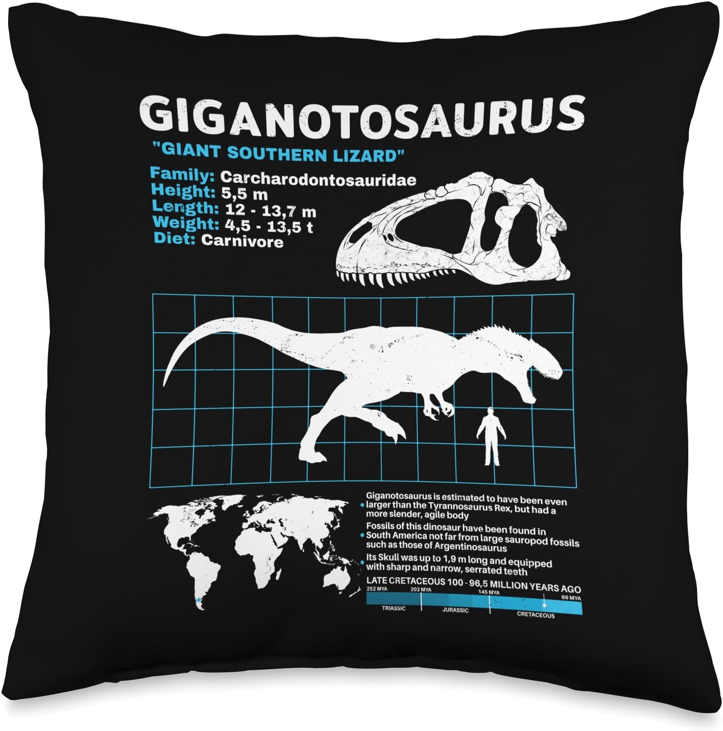 Dinosaur fact sheets Dinosaur Fossils data sheet Sábana, almohada de dinosaurio Giganotosaurus, 16 x 16 pulgadas, multicolor