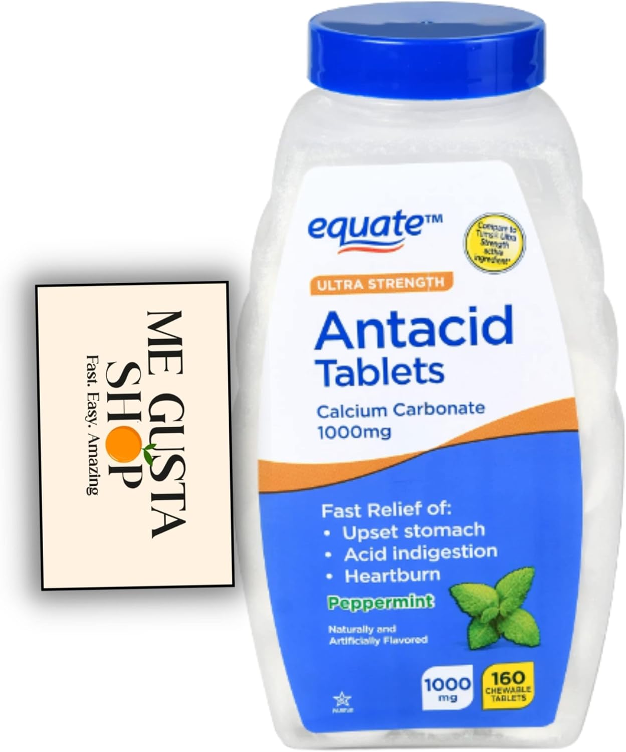 Equate Ultra Strength – Tabletas masticables antiácidos de menta, 1000 mg, 160 unidades (paquete de 02) 320 en total + adhesivo Me Gustas