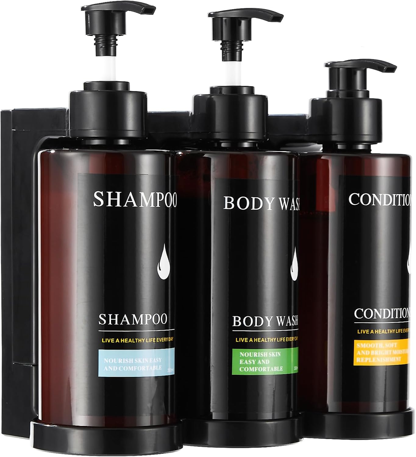 Dispensador de champú y acondicionador, dispensador de jabón de ducha, sin taladro, 3 cámaras, dispensador de champú para montar en la pared con