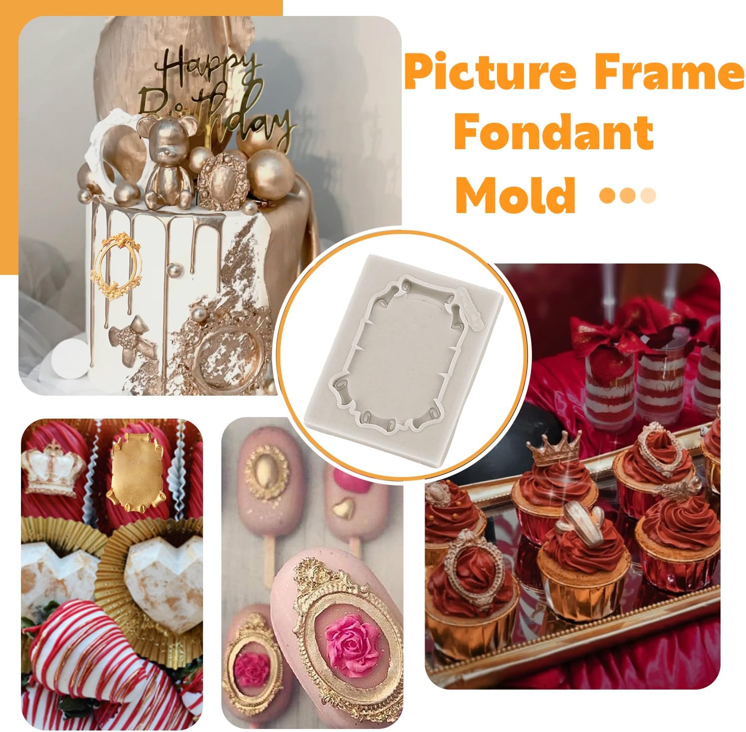 Marcos de fotos de silicona estilo barroco Curlicues Scroll Lace Photo Frame Molds Fondant Moldes para decoración de tartas, decoración de cupcakes,