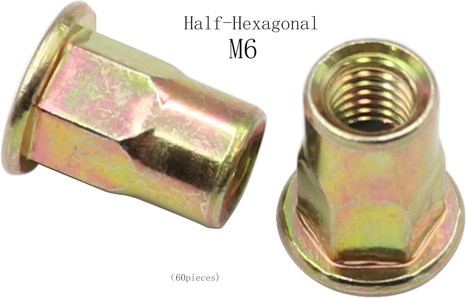 LBY 60 tuercas remachadoras de acero al carbono, kit surtido de tuercas de rosca M6 (medio hexagonal), acero al carbono, chapado en zinc, amarillo