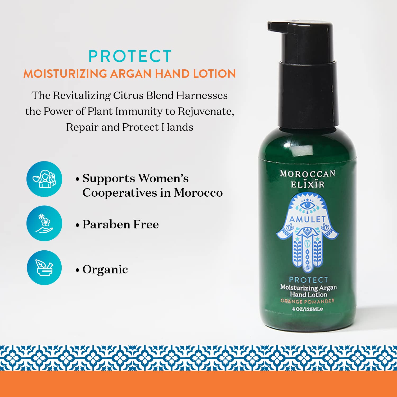 Protect Argan Loción para manos con pomandro de naranjaabsorción rápida, nutritiva, suavizante e hidratante  Enriquecida con aceites omega