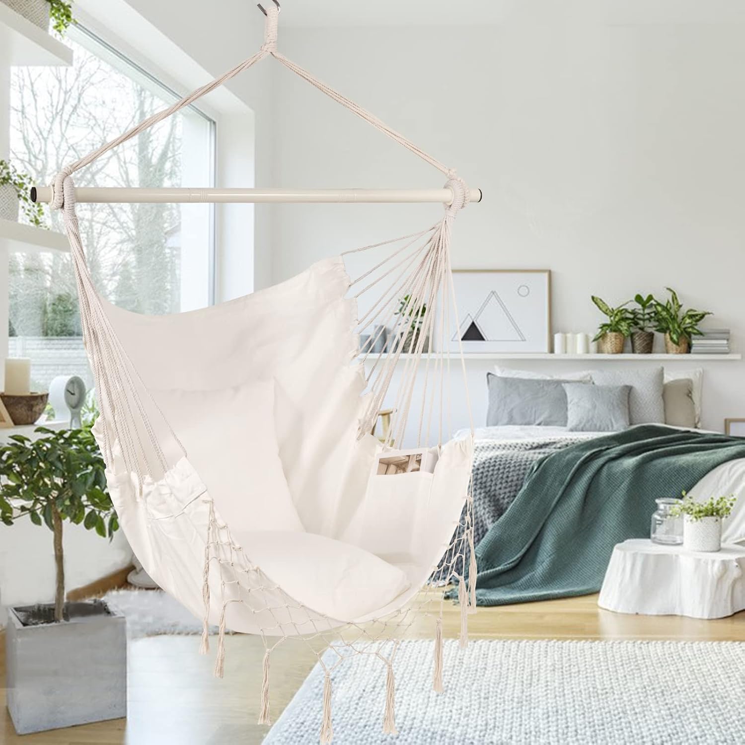 Jelofly – Silla hamaca grande con cuerda y bolsillo, que soporta un peso máximo de 350 libras, superior, cómoda, para interiores, exteriores, hogar,