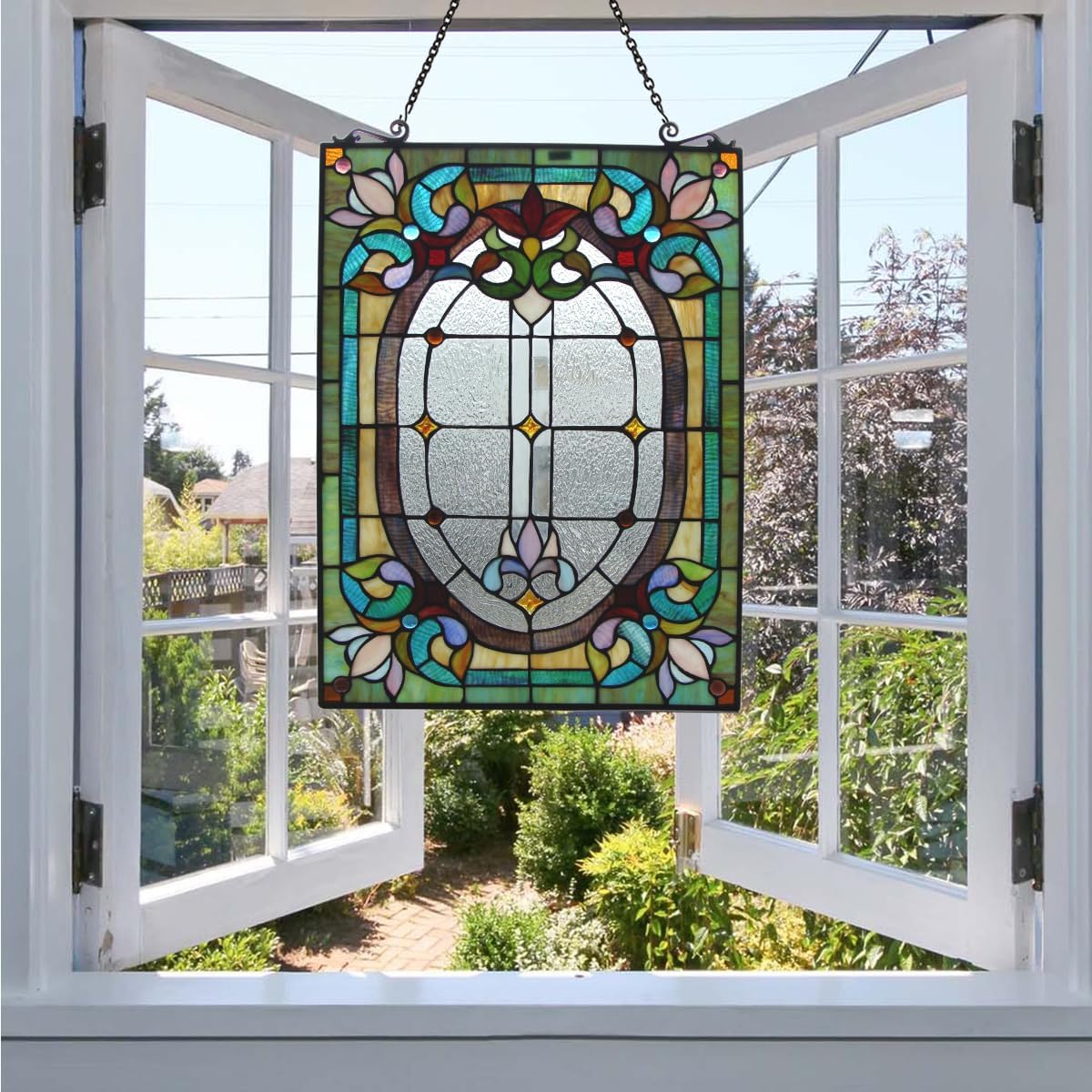 Fine Art Lighting Tiffany – Panel de ventana de vitral de 18 x 24 pulgadas, 100% vitral, 204 cortes de vidrio, 18 x 24 pulgadas, cadena para colgar