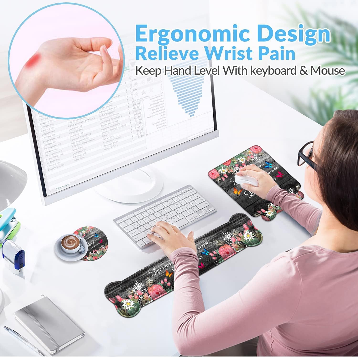 Reposamuñecas para teclado + alfombrilla para mouse con posavasos, base de poliuretano antideslizante, alfombrilla ergonómica para mouse para el