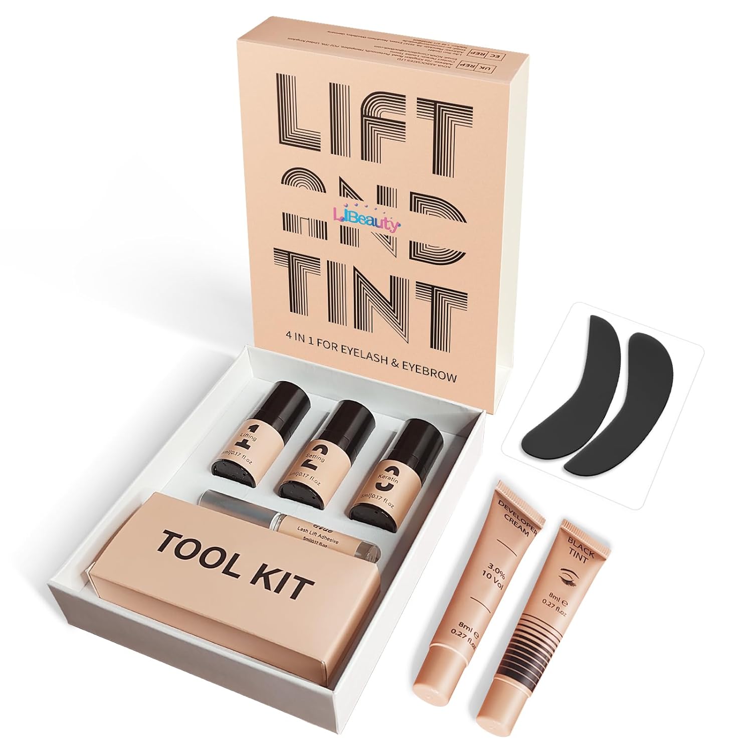 Libeauty Kit de elevación de pestañas y color para cejas con color negro, permanente de elevación rápida y coloración voluminosa con herramientas