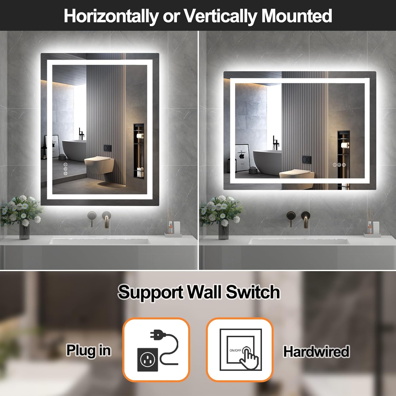 Twalsu Espejo LED de 36 x 28 pulgadas para baño con tiras LED dobles, espejos iluminados delanteros y retroiluminados para pared de baño, 3 colores