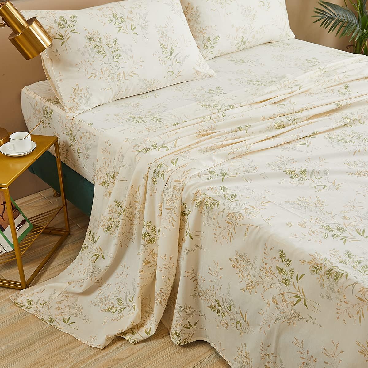 FADFAY Juego de sábanas tamaño California King, juego de sábanas de hojas florales, 100% algodón de 600 hilos, ropa de cama de flores verdes y