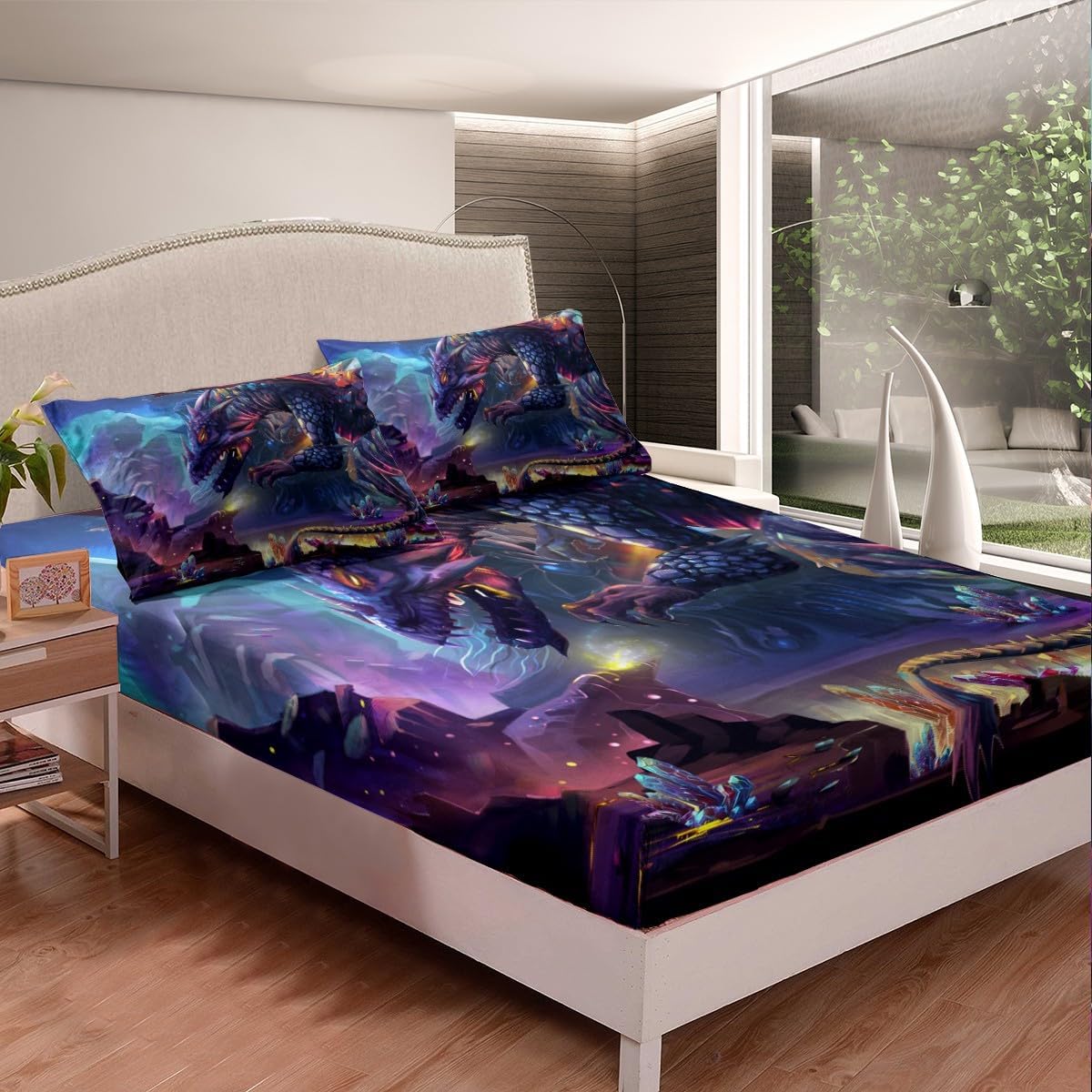 Feelyou Juego de sábanas para niños, tamaño individual, diseño de dragón de fuego para niños y niñas, decoración mágica de dinosaurios, juego de