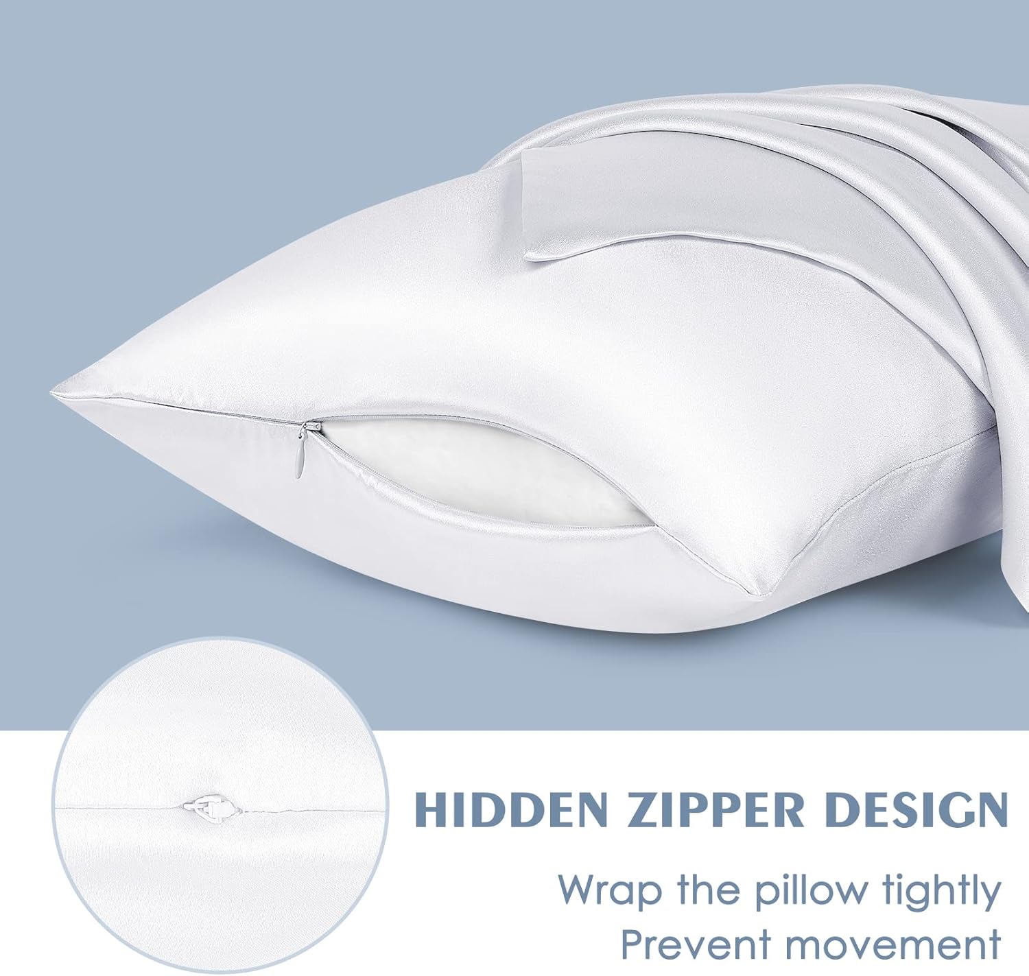 Fittia Juego de 2 fundas de almohada blancas satinadas, fundas de almohada de seda para cabello y piel con cremallera oculta, color blanco, 20 x 26