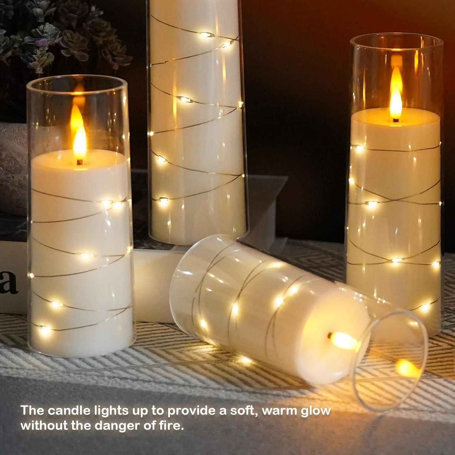 Velas sin llama, funcionan con pilas, 5 velas LED acrílicas parpadeantes con control remoto, con cadena de estrellas incrustada, vela de pilar sin