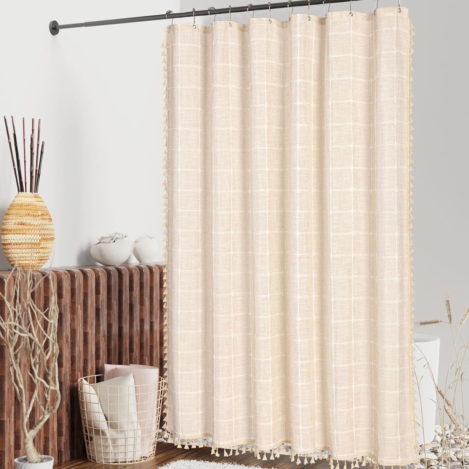 MitoVilla Cortina de ducha extra larga color crema, 72 x 84 pulgadas, estilo rústico moderno, de 84 pulgadas, XL, tela de lino y algodón, con