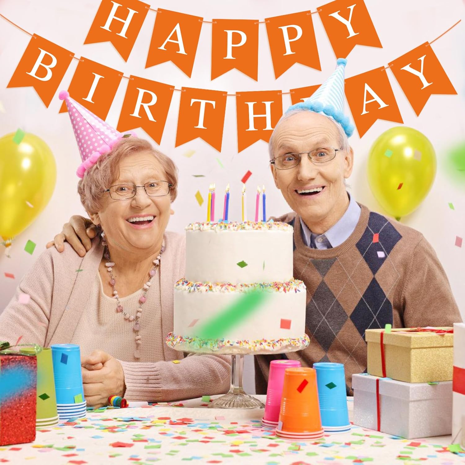 Cartel de cumpleaños naranja con texto en inglés “Happy Birthday” para niños, niñas, mujeres, cumpleaños, decoración de fiesta de té, banderines,