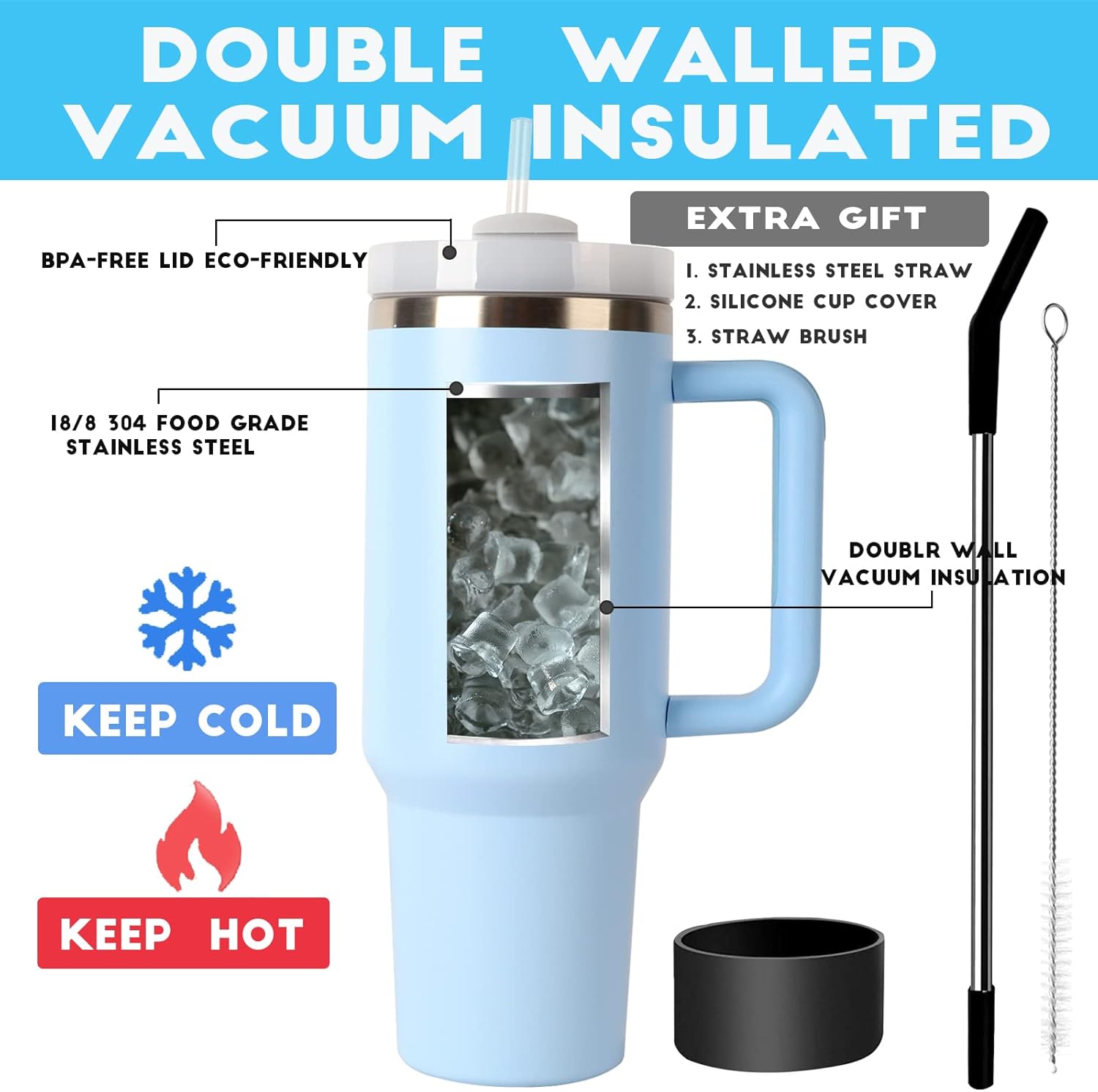 Vaso de 40 onzas con asa y tapa con pajilla, taza de viaje de acero inoxidable, botella de agua, reutilizable, aislada al vacío, a prueba de