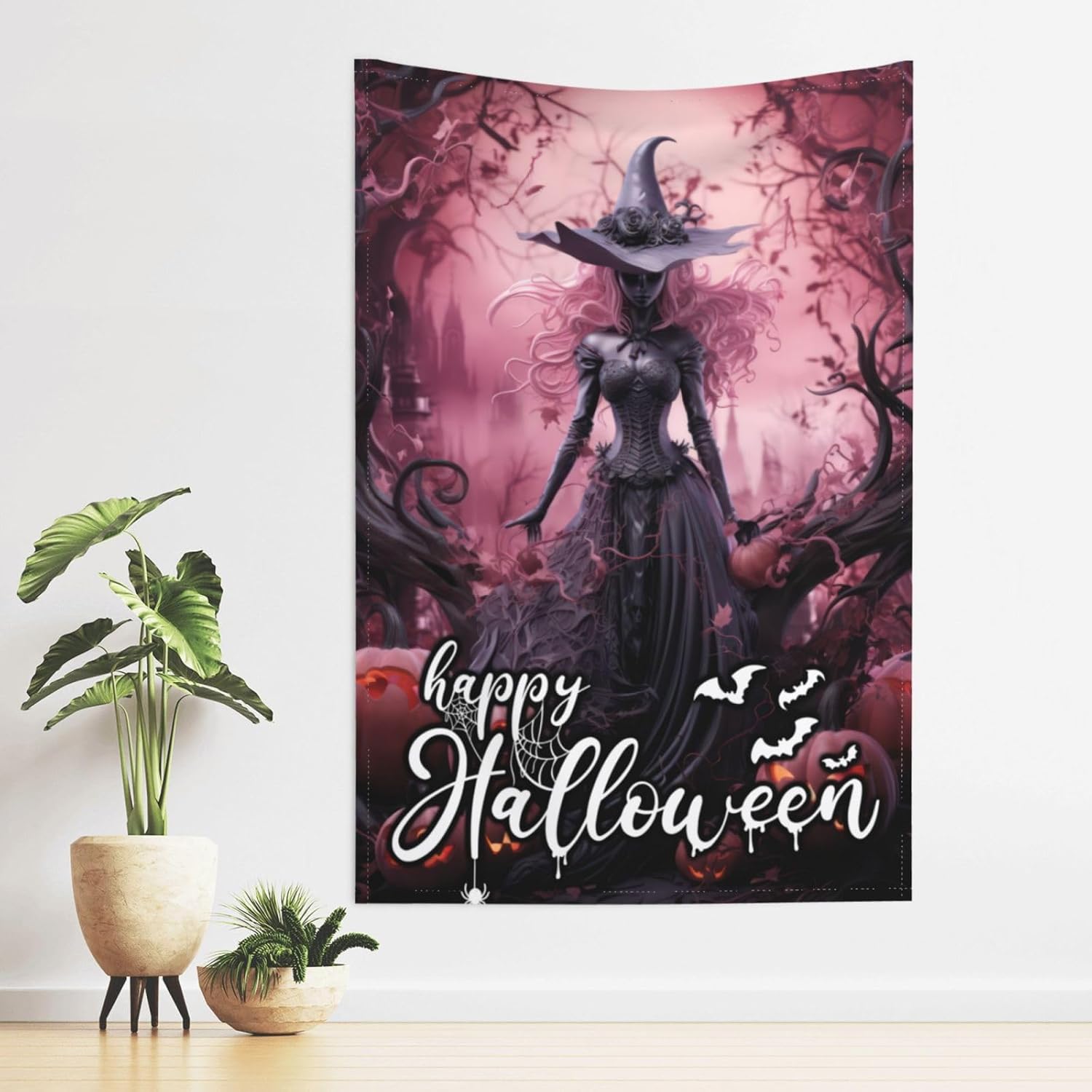 Tapiz decorativo de pared de Halloween, de 80 x 60 pulgadas, de color rosa, castillo de Halloween, decoración para colgar en la pared, tapiz