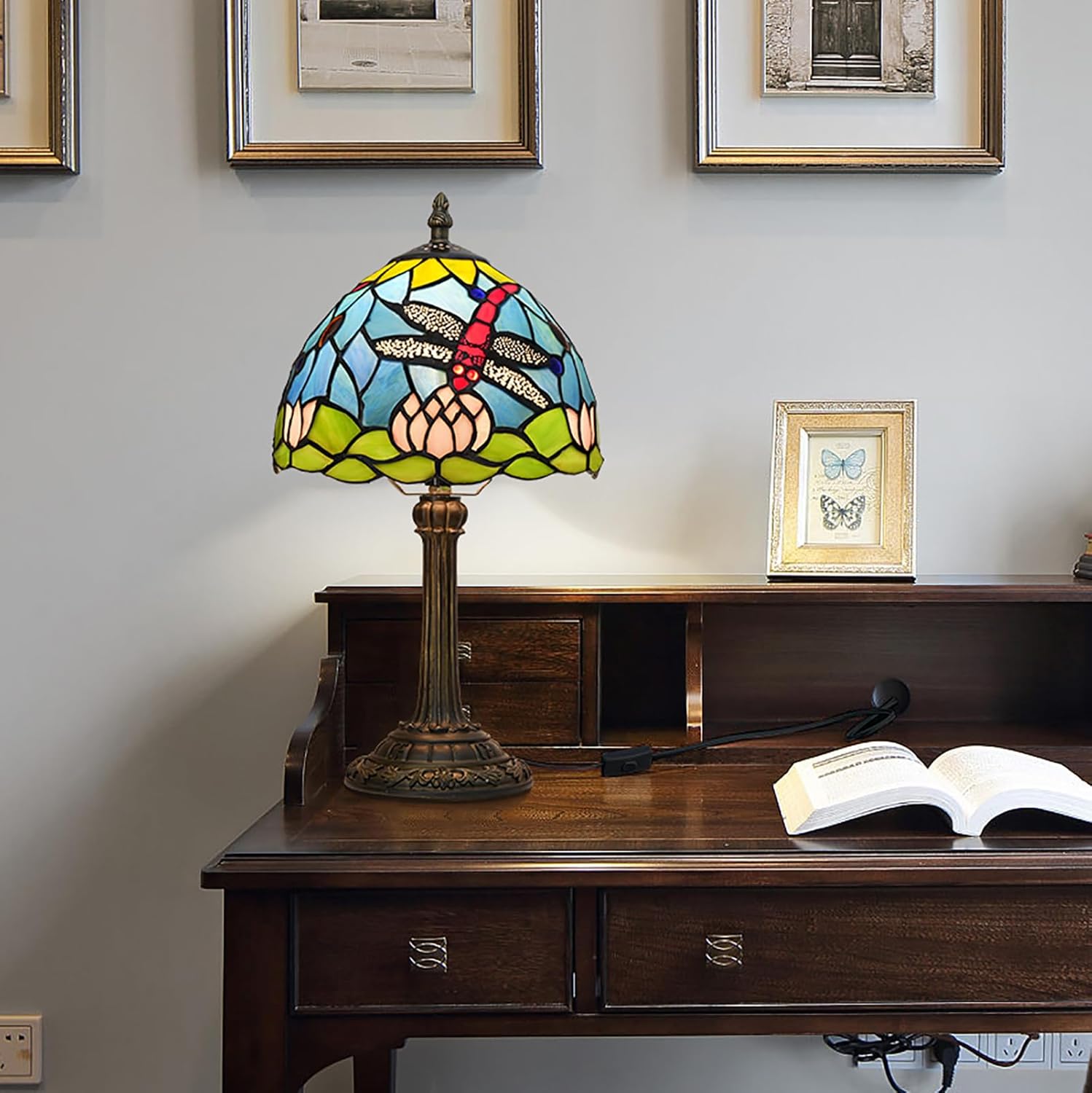 Blivuself Lámpara de mesa estilo Tiffany con flores de loto y libélula para sala de estar, dormitorio, decoración de mesita de noche, azul, pequeña,
