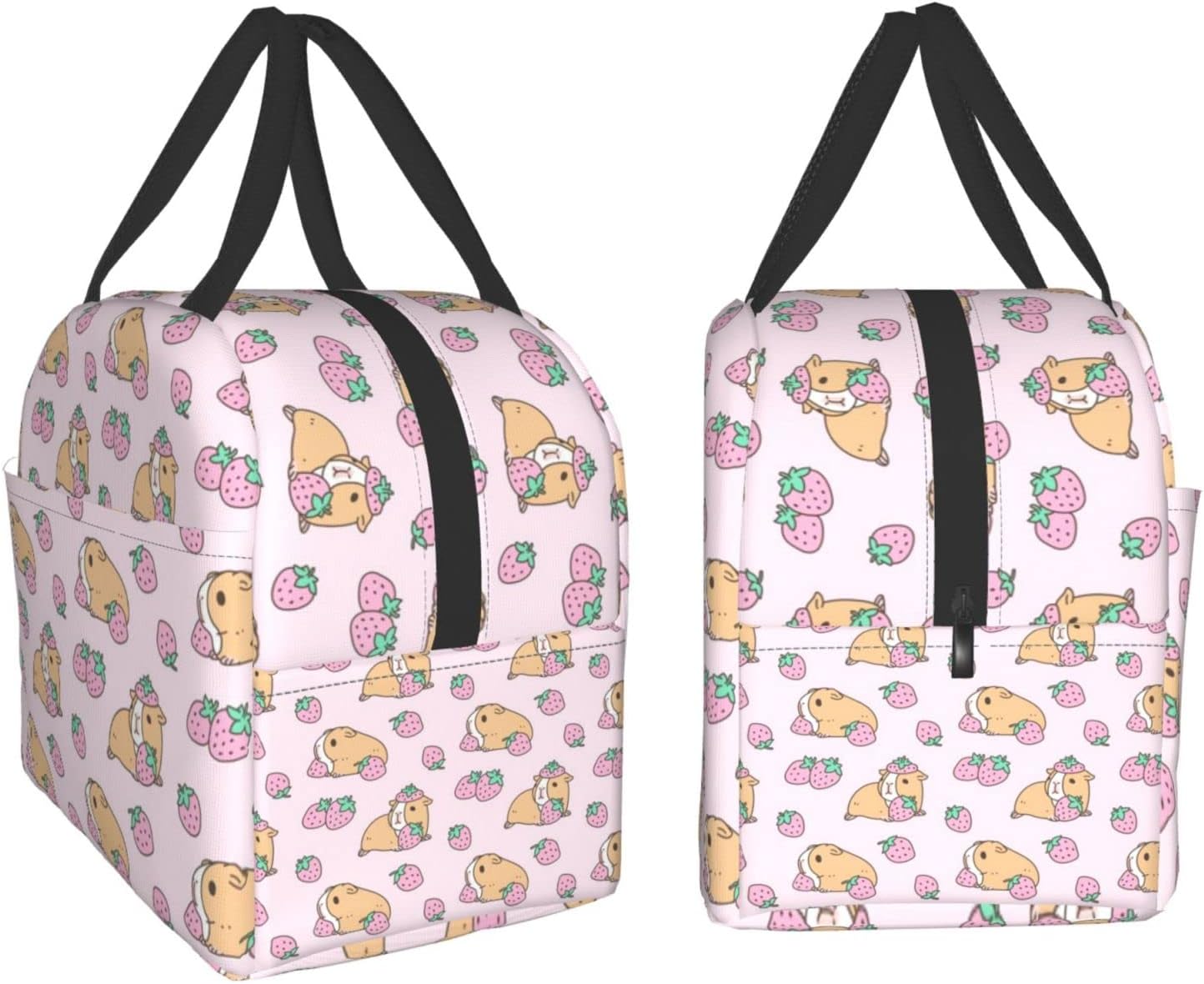 Caja de almuerzo con diseño de conejillo de indias rosa y fresa Bento bolsa de viaje picnic cajas de asas aisladas contenedor duradero bolsa de
