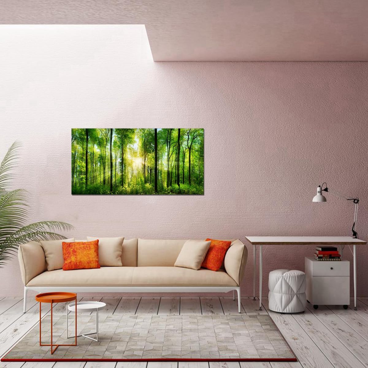 Lienzo impreso para pared, decoración del hogar, amanecer por la mañana, árboles verdes, paisaje, sol sobre bosque, imagen realismo, rústico,