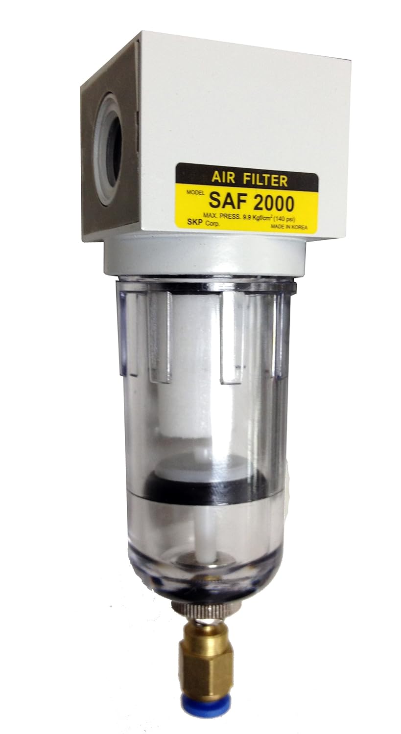 Filtro de partículas para aire comprimido PneumaticPlus SAF2000M-N02BD miniatura, 14″ NPT, cuenco de policarbonato, drenaje automático, soporte