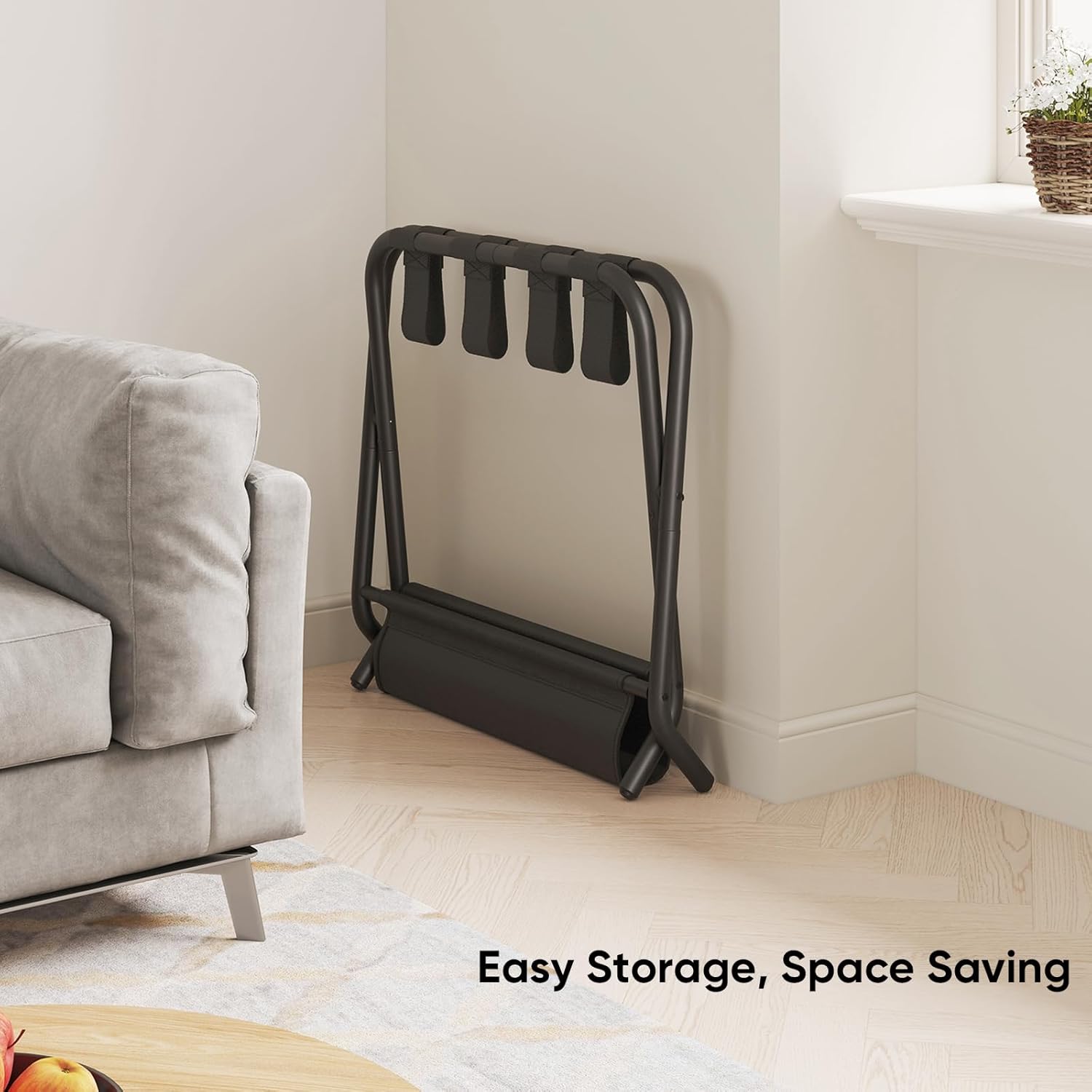 Smart FENDEE Portaequipajes para habitación de invitados, soporte plano plegable para maleta con estante de tela, soporte de equipaje portátil de