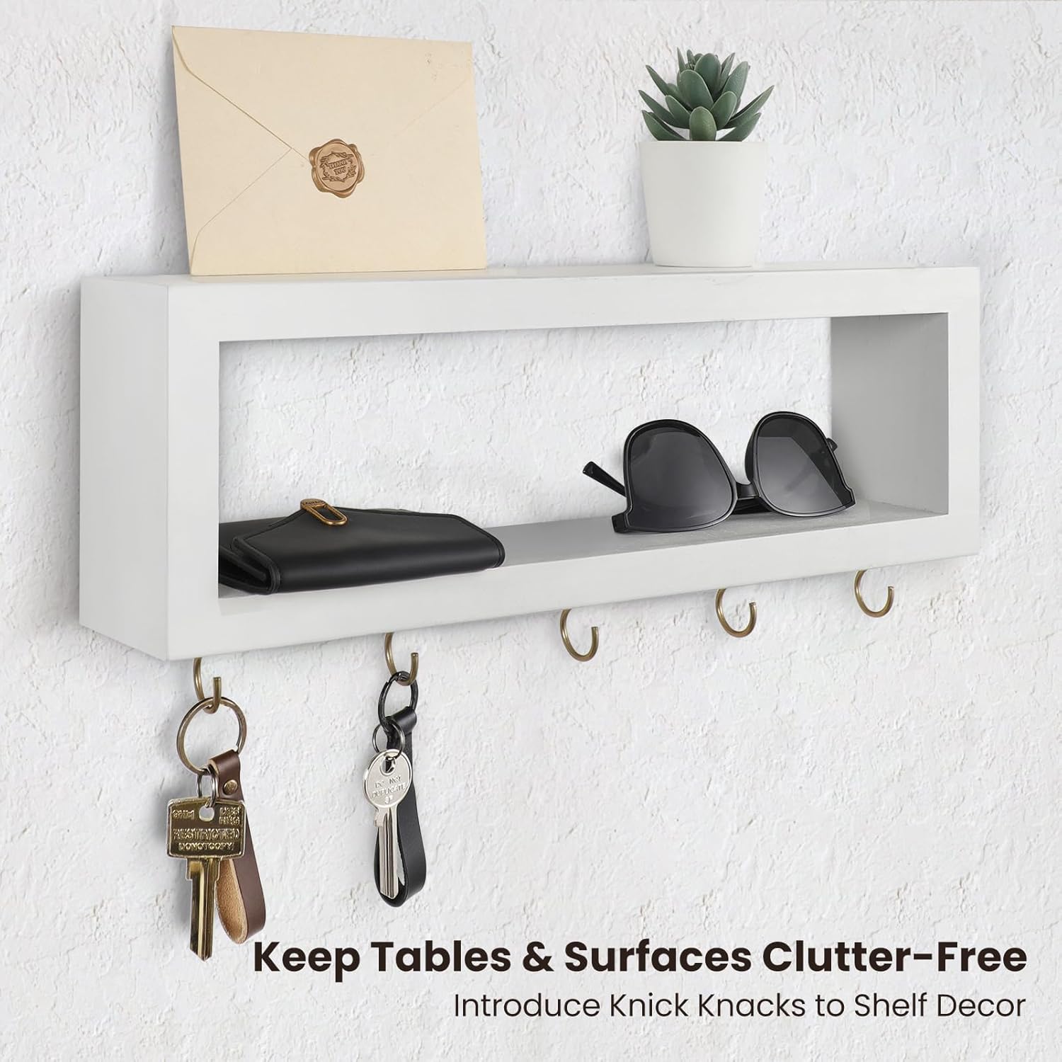 Estante de pared con ganchos  Soporte decorativo para llaves y cartera para pared para gafas de sol, correas, bufandas y cordones  15.7 x 5.1 x 2.9