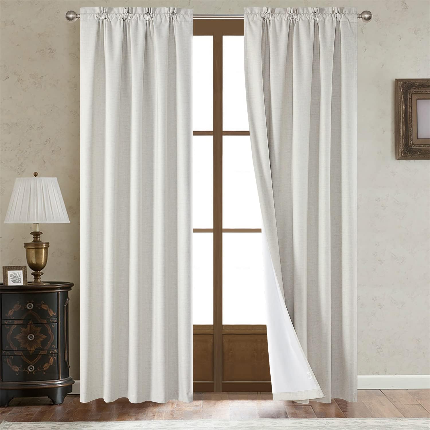 LOYOLADY Cortinas opacas de lino marfil de 102 pulgadas de largo, juego de 2 paneles de cortinas con aislamiento térmico para sala de estar,