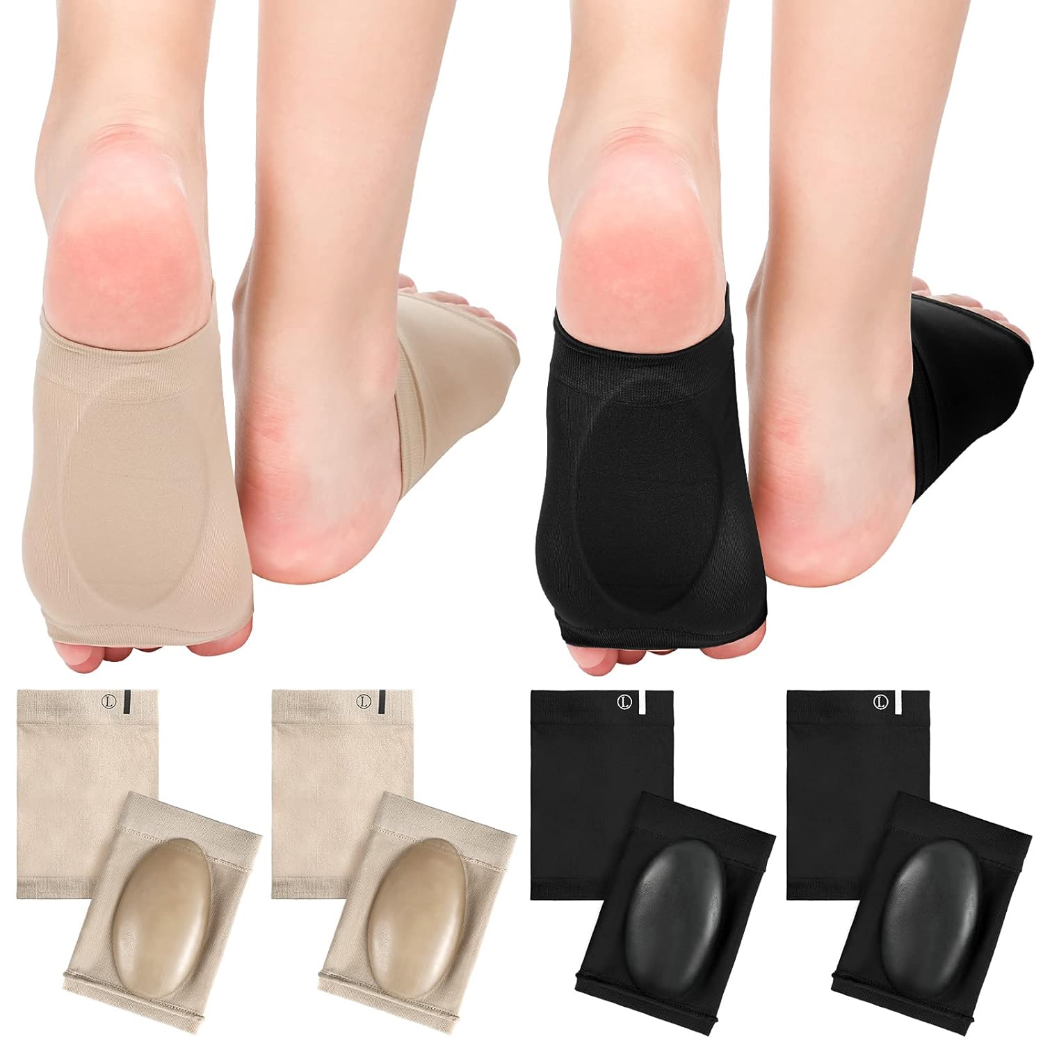 Nuanchu 4 pares de fundas de compresión para el arco con almohadilla de gel en el interior metatarsiano de compresión metatarsiana, fundas