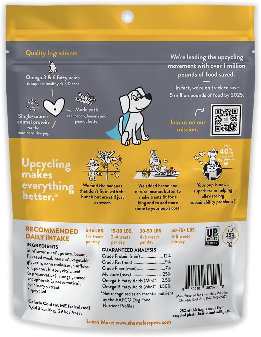 Shameless Pets Golosinas suaves para perros, plátanos para tocino, masticables naturales y saludables para el apoyo de la piel y el pelaje con Omega