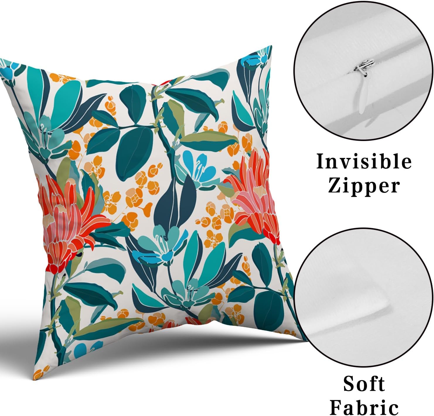 Juego de 2 fundas de almohada de 16 x 16 pulgadas con diseño floral de coral verde turquesa, hojas y flores naranjas, fundas de cojín de algodón