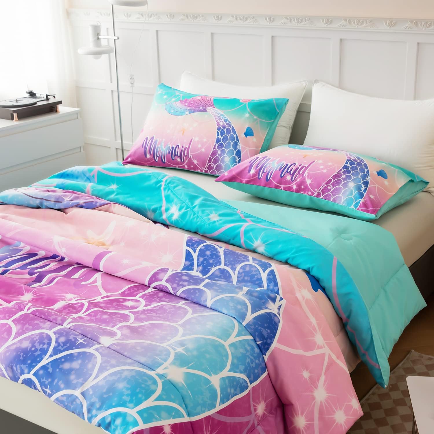 Juego de edredón de sirena tamaño matrimonial para niñas, color rosa, morado, verde azulado, degradado, para todas las estaciones, juego de ropa de