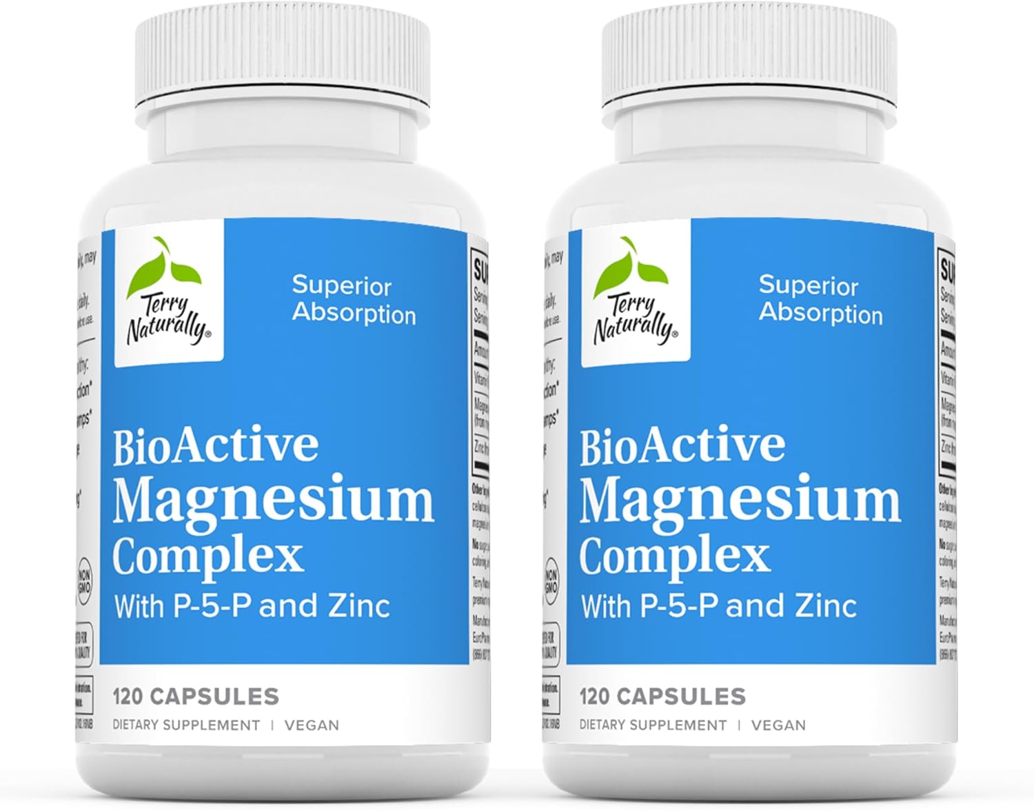 Terry Naturally Complejo de magnesio BioActive – 120 cápsulas, paquete de 2 – con vitamina B6 y zinc – Sin OMG, vegano, sin gluten, Kosher – 240