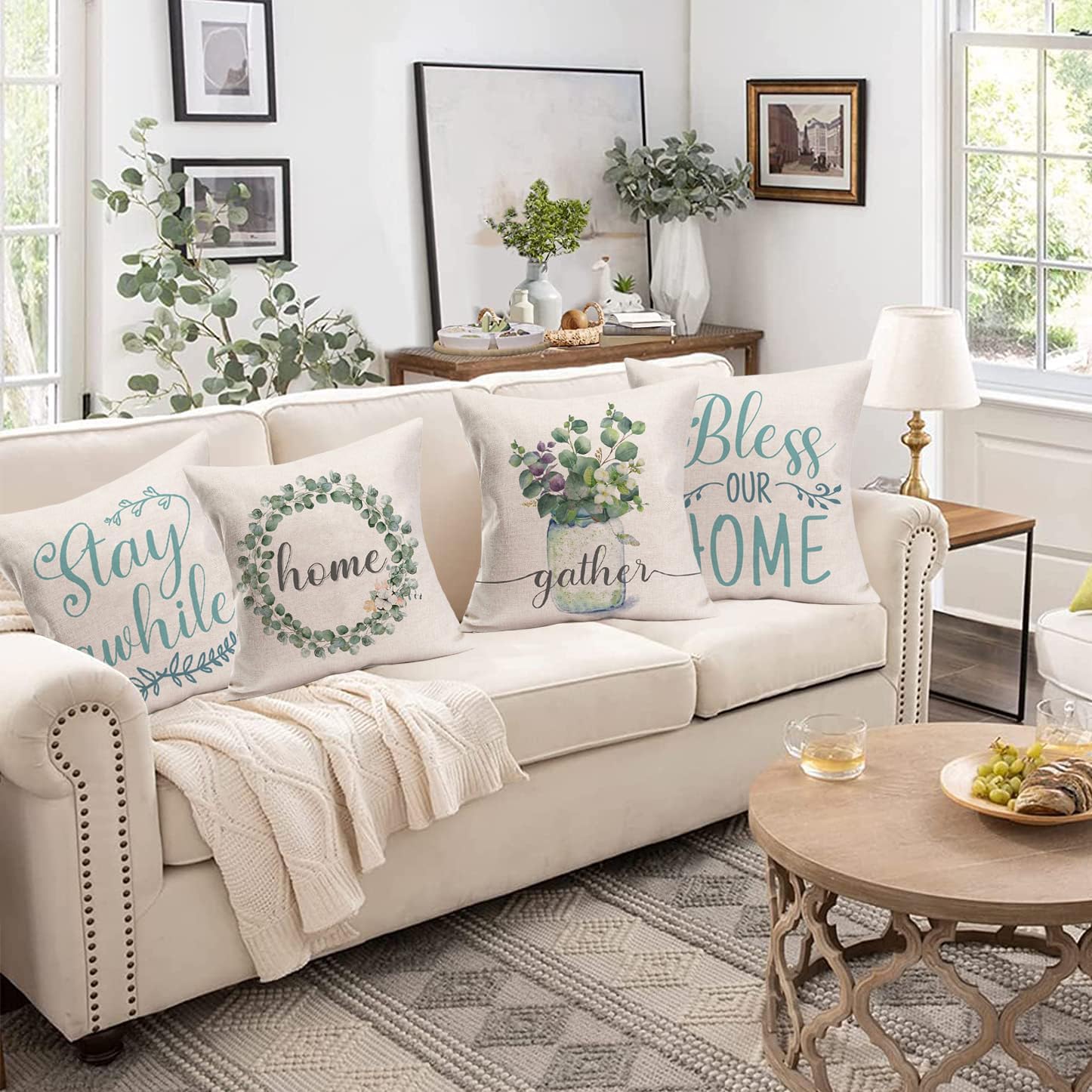 Home Throw – Juego de 4 fundas de almohada de 24 x 24 pulgadas  24.0 x 24.0 in., decorativas para exteriores, diseño de hojas de eucalipto, verde,