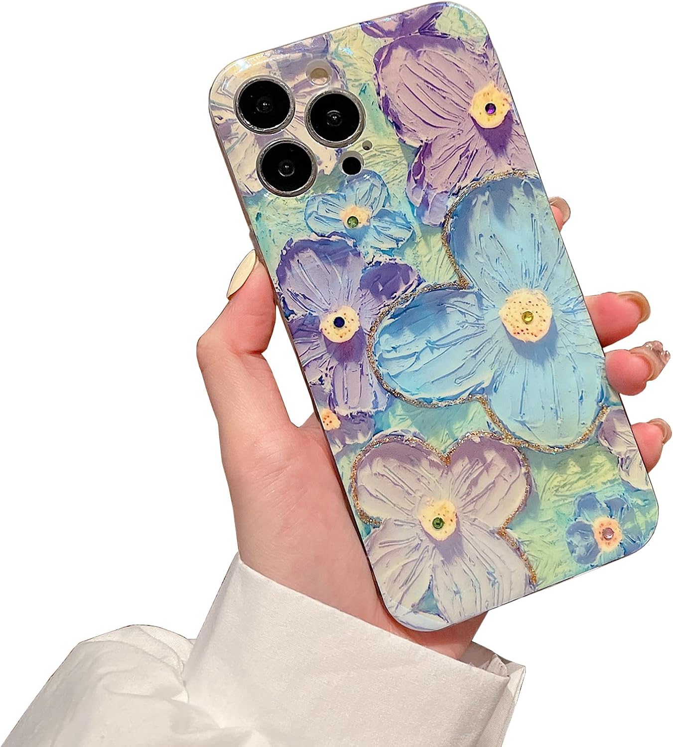 EYZUTAK Funda para iPhone 13 Pro Max, colorida pintura al óleo retro flor patrón brillante láser lindo exquisito floral flor funda protectora