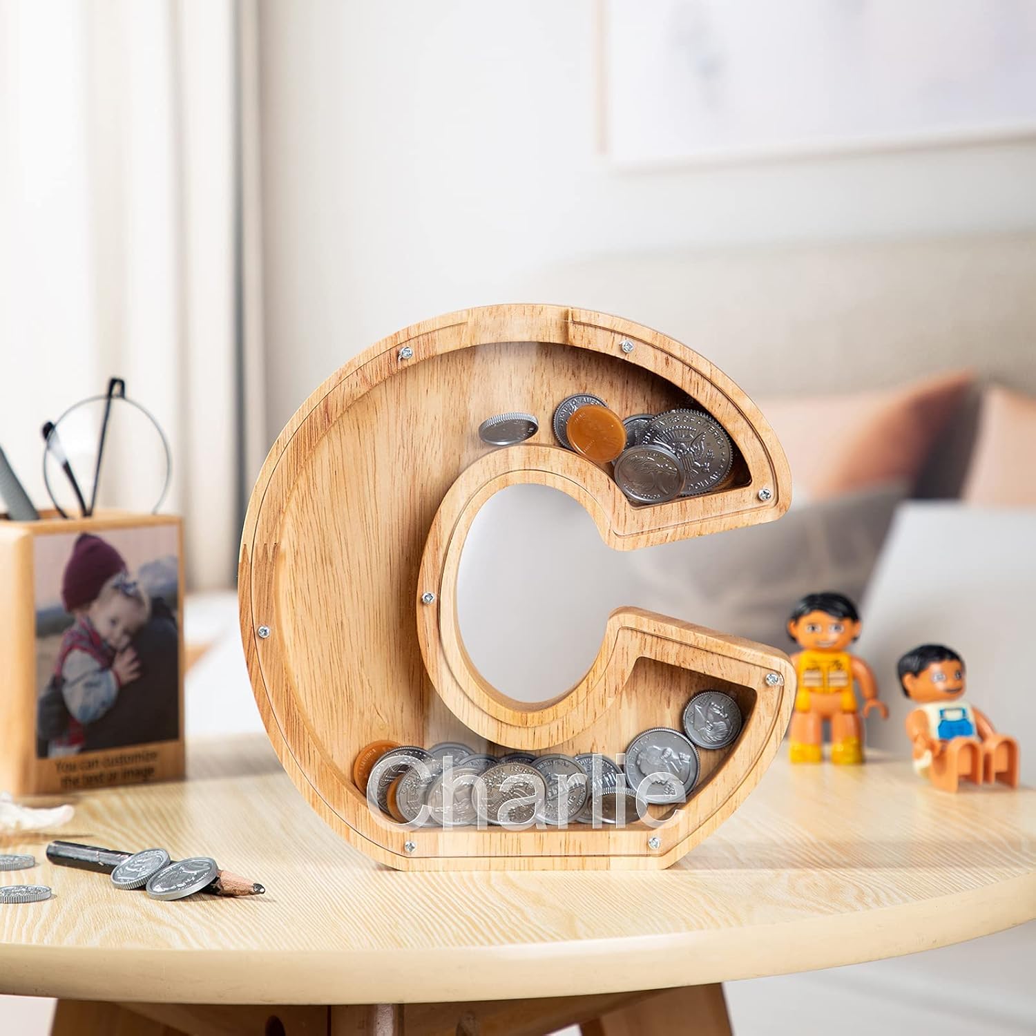 Alcancía de madera personalizada para niños y niñas, alcancía con nombre personalizado de 26 letras para niños y niñas, regalo de cumpleaños (C)